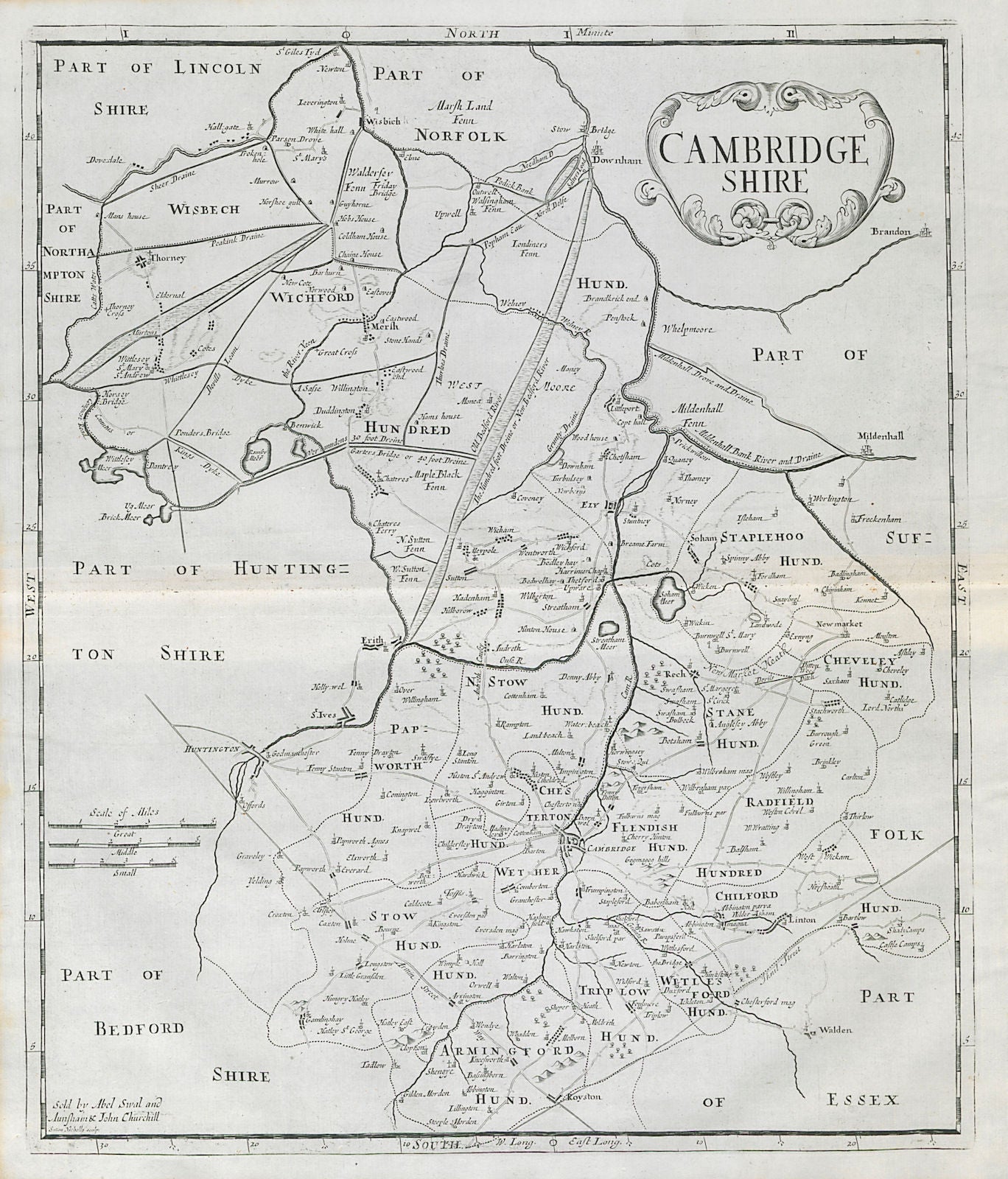 CAMBRIDGESHIRE by ROBERT MORDEN from Camden's Britannia 1722 old antique map